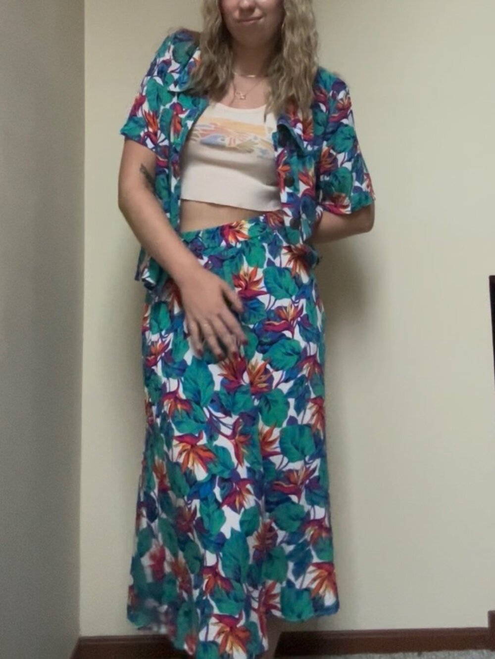 VINTAGE Josephine 2 Piece Rayon Skirt Set Tropical Bird of Paradise Teal Large